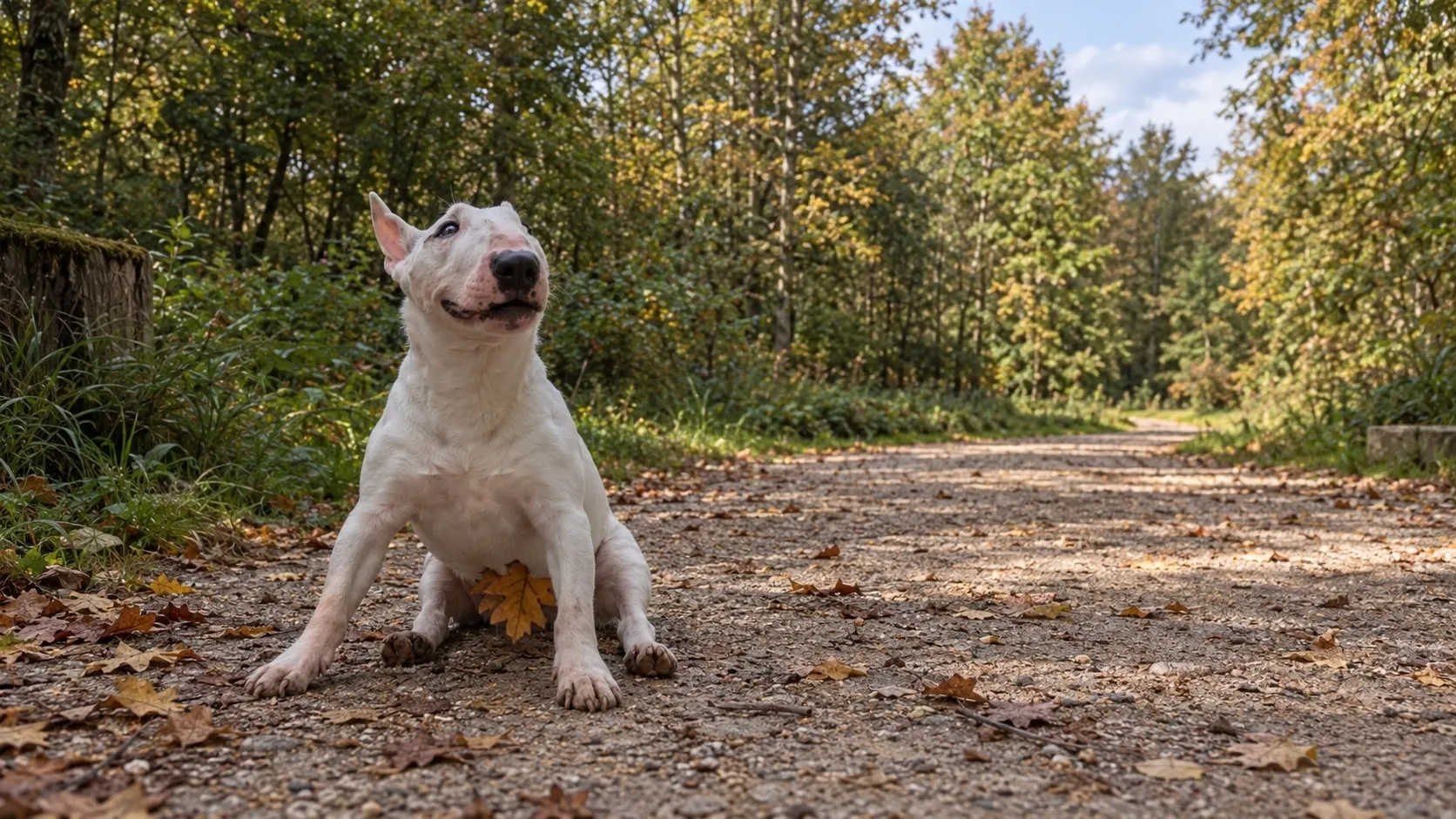 Early, ein weißer Bullterrier, sitzt auf einem herbstlichen Waldweg mit Laub und schaut nach oben