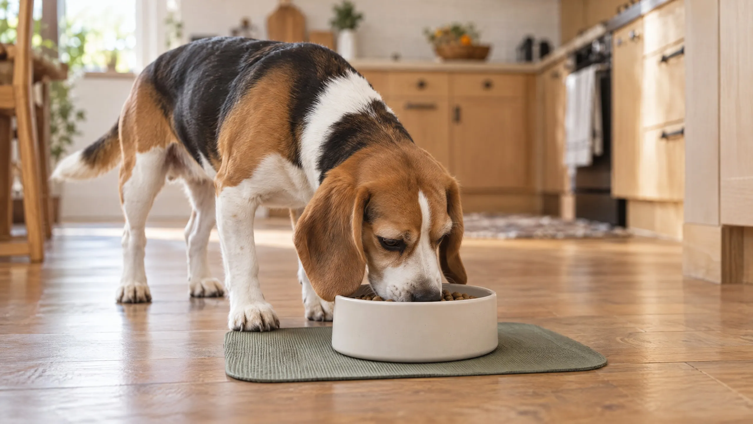 Beagle frisst in einer hellen Küche aus einem Keramiknapf, der auf einer grünen Unterlage steht