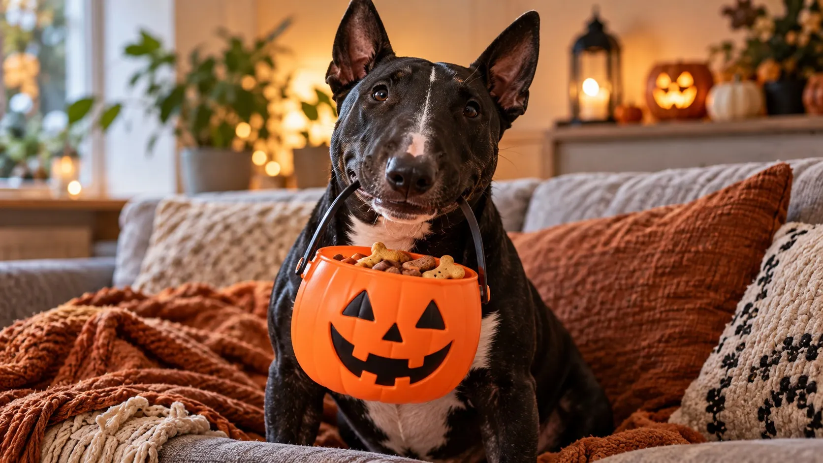 Ein schwarzer Bullterrier mit weißer Blesse sitzt auf einem Sofa mit orangefarbenen Decken und Kissen und trägt einen Kürbiseimer voller Hundekekse im Maul, im Hintergrund leuchten eine geschnitzte Kürbislaterne und Kerzen