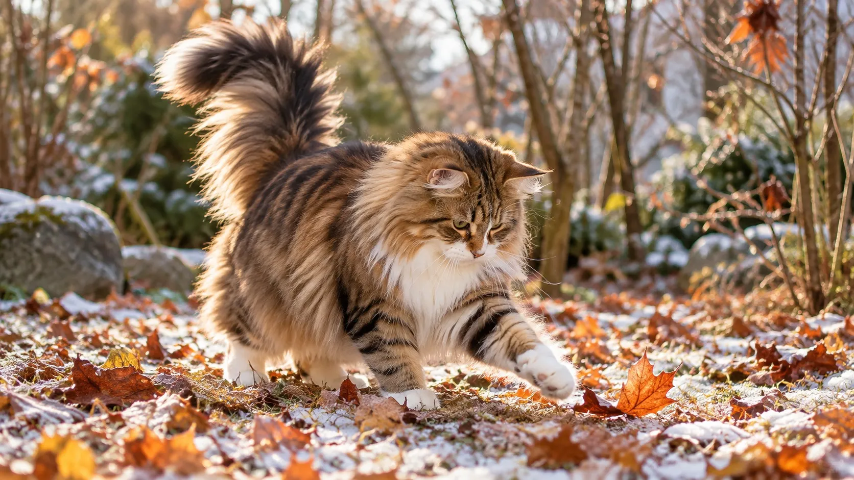 Langhaarige, getigerte Katze mit weißer Brust spielt in einem sonnigen Garten mit einem Ahornblatt auf Herbstlaub, das von erstem Schnee überzuckert ist