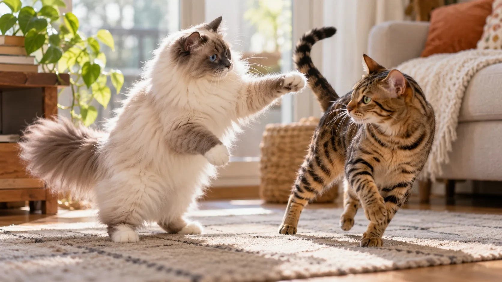 Eine langhaarige Katze mit cremeweißem Fell, dunklen Abzeichen und blauen Augen hebt im Spiel die Pfote gegen eine getigerte Katze, beide auf einem hellen Teppich in einem sonnigen Wohnzimmer mit Sofa und Zimmerpflanze