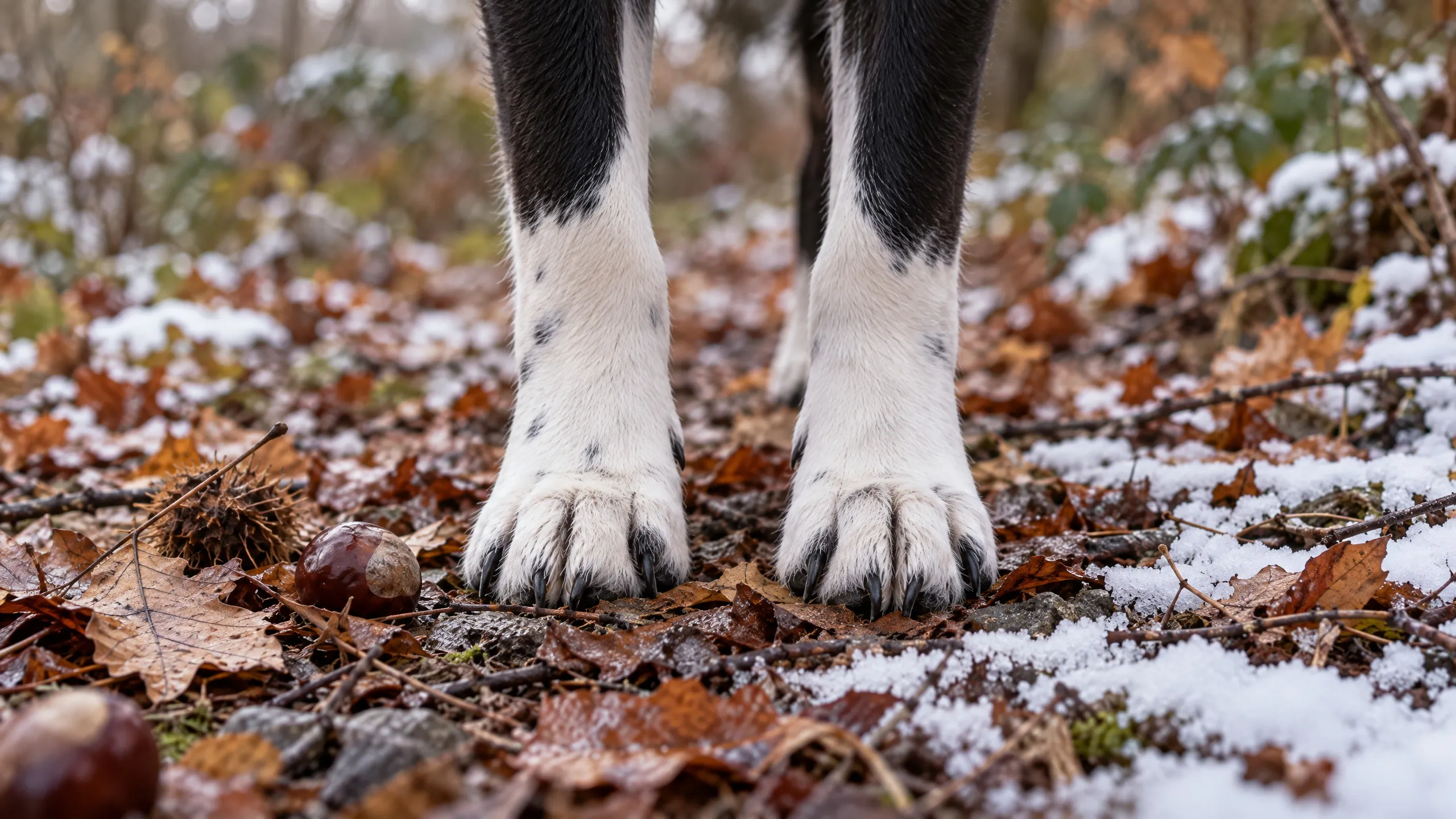Schwarz-weiße Hundepfoten stehen auf Herbstlaub mit erstem Schnee, daneben liegen Kastanien