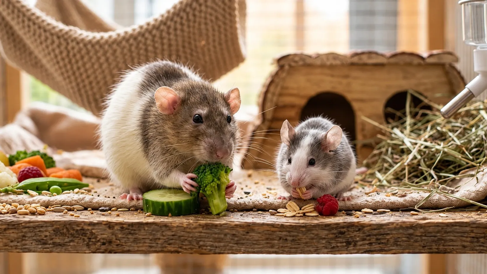 Eine braun-weiße Ratte frisst an einem Brokkoliröschen über einer Gurkenscheibe, daneben knabbert eine kleine grau-weiße Maus an einem Korn, ringsum liegen Körner, Himbeeren und Gemüse, im Hintergrund ein Holzhäuschen mit Heu, eine Hängematte und eine Trinkflasche