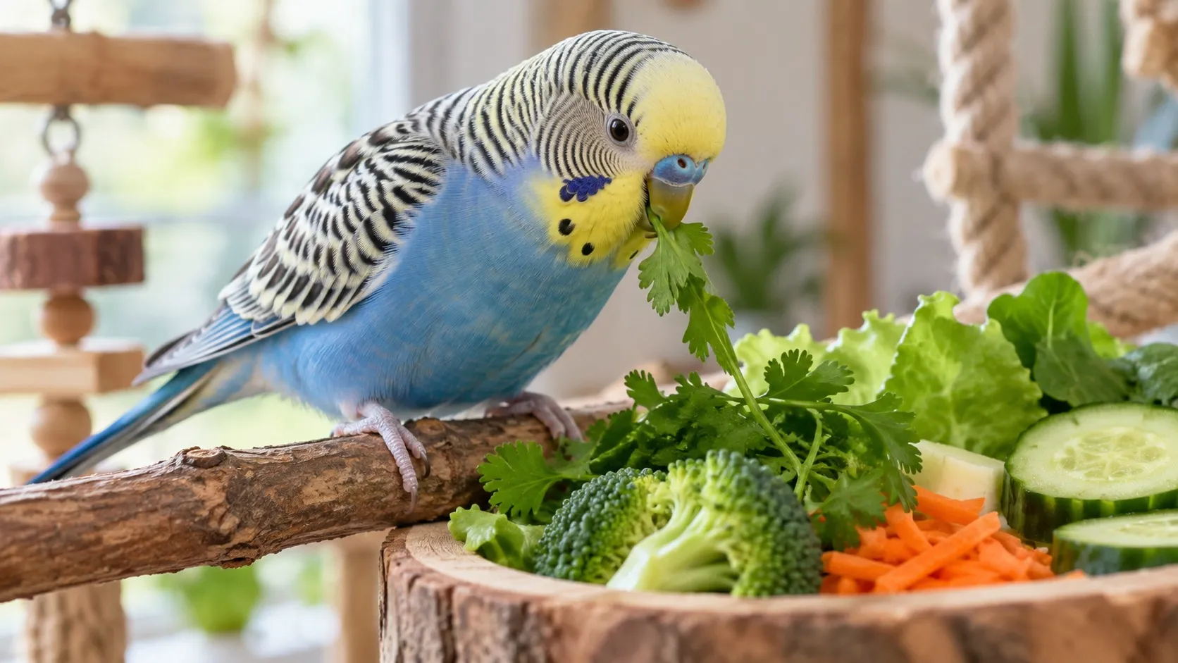 Ein blauer Wellensittich mit gelbem Kopf sitzt auf einem Naturast und knabbert an einem Kräuterzweig aus einer Holzschale mit Salat, Brokkoli, Gurke und geraspelten Karotten
